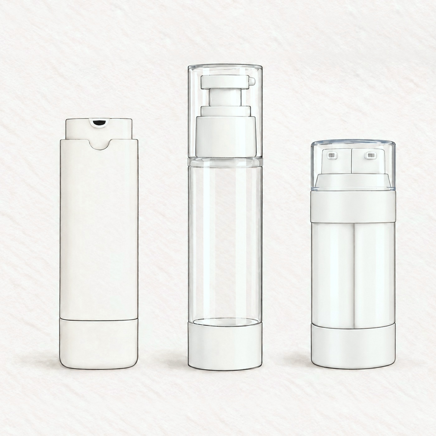 Illustration of three airless bottles: a white airless bottle, a clear airless bottle with a pump and a clear cap, and a dual-chamber airless bottle