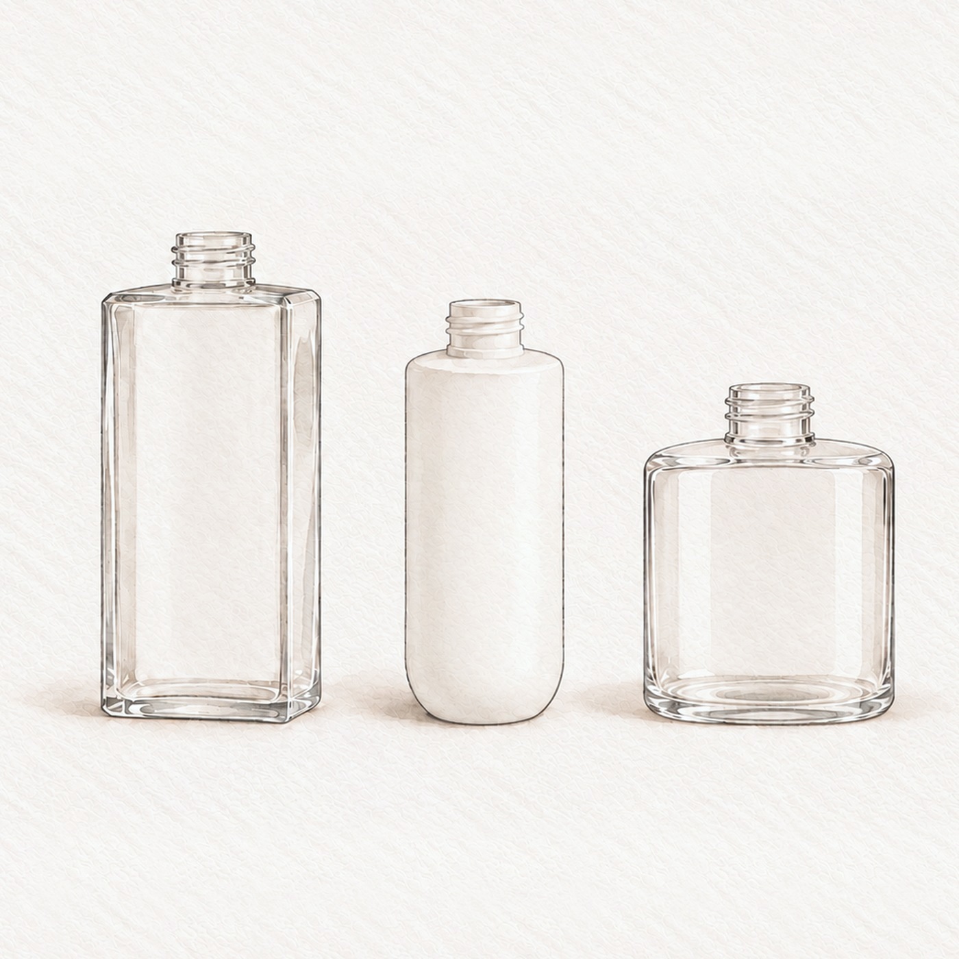 Illustration of three empty bottles: a tall square clear bottle, a white round bottle and a short round clear bottle
