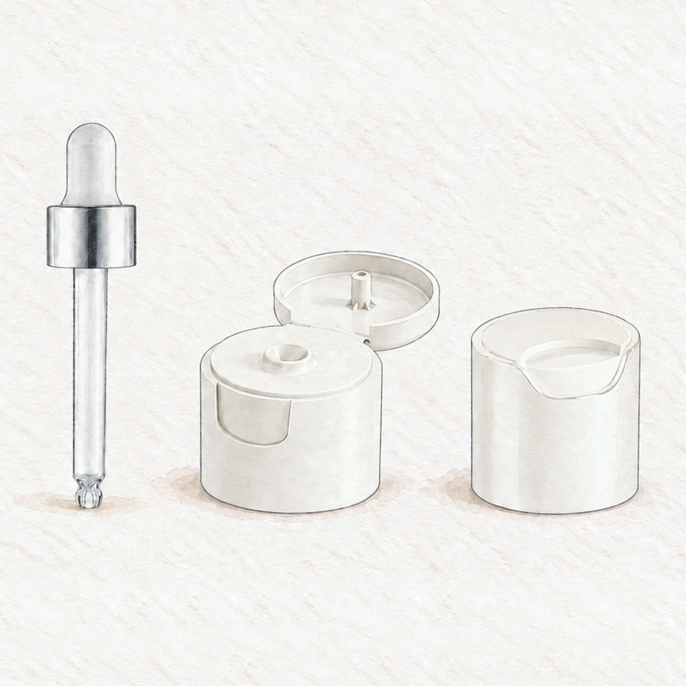 Illustration of three closures: a dropper with a silver collar, an open flip-top cap and a white disc-top cap