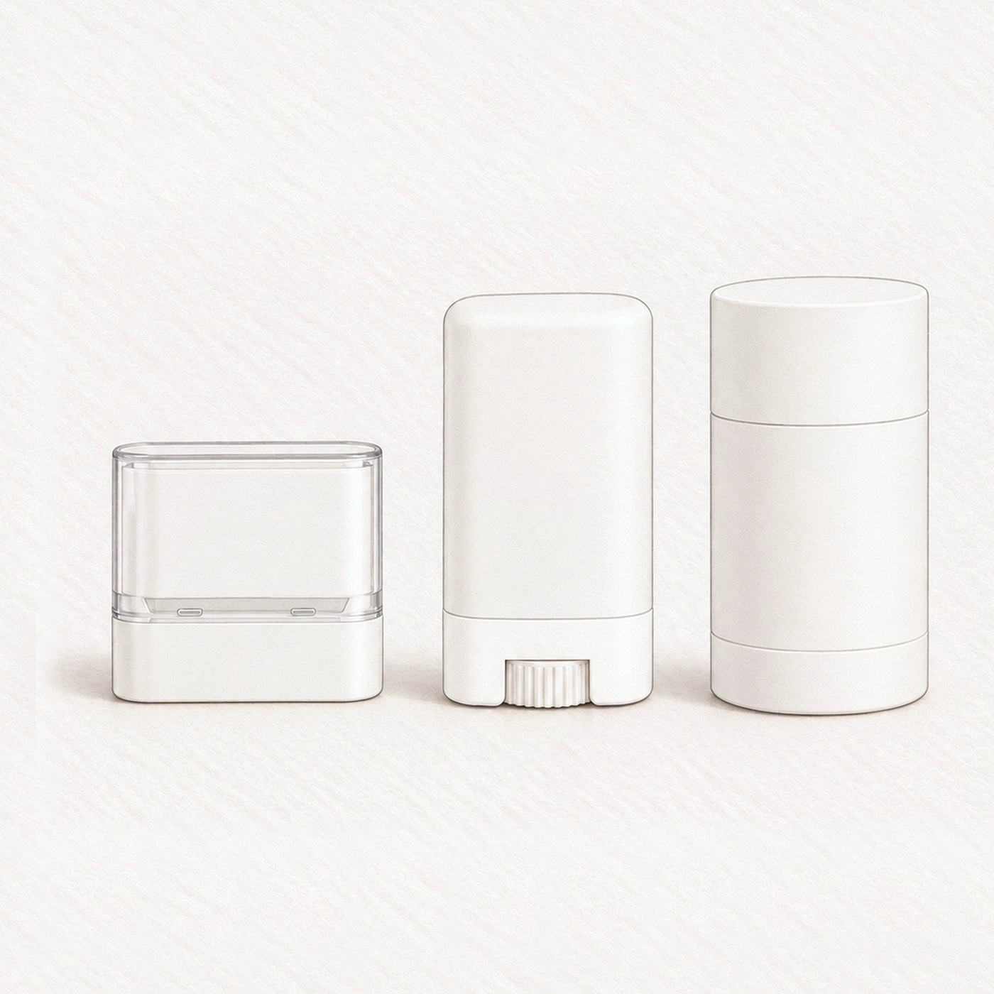 Illustration of three white deodorant stick packs: a short one with a clear cap, an oval one with a turning wheel at the base and a round one