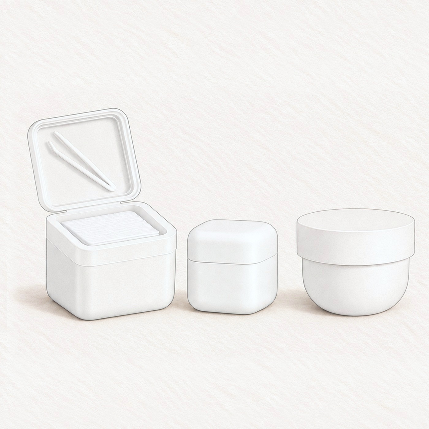 Illustration of three white jars: a square jar with its flip lid open, a small square jar and a round cream jar