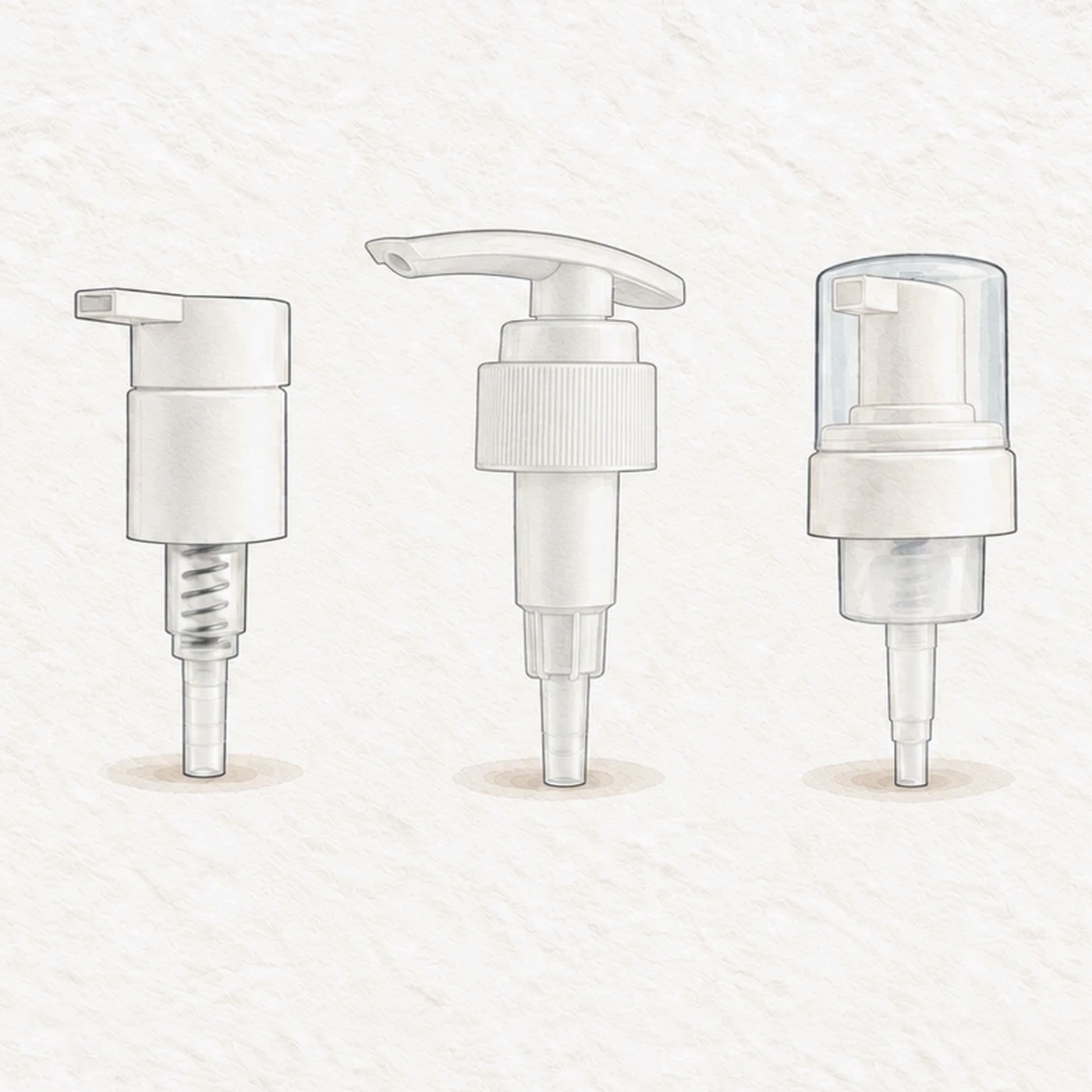 Illustration of three pump heads: a lock pump, a lotion pump and a foam pump with a clear cap