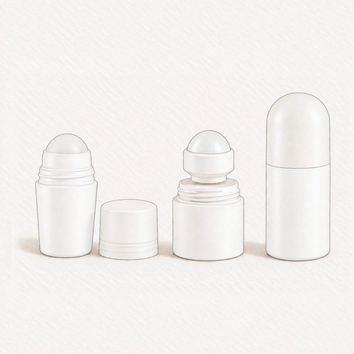 Illustration of white roll-on bottles: one open with its cap beside it, one with the roller ball lifted out and one with the cap on