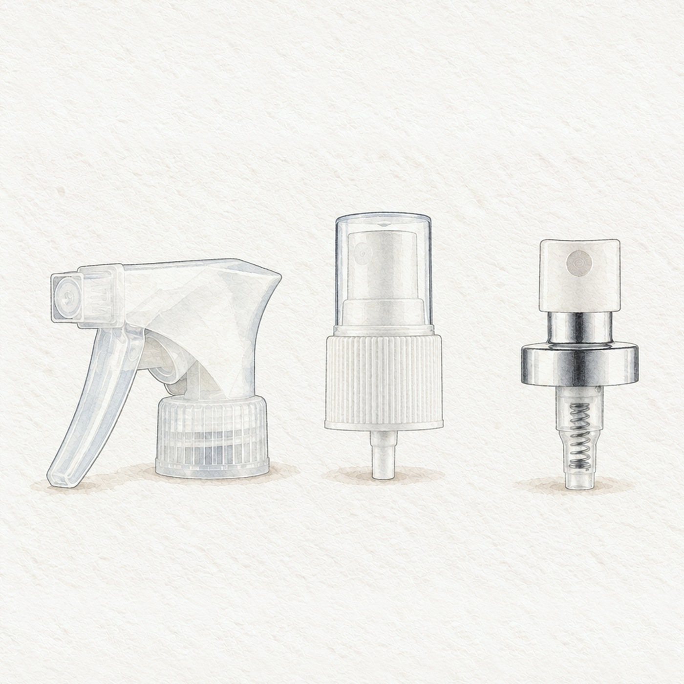 Illustration of three sprayer heads: a trigger sprayer, a fine mist sprayer with a clear cap and a perfume sprayer with a silver collar