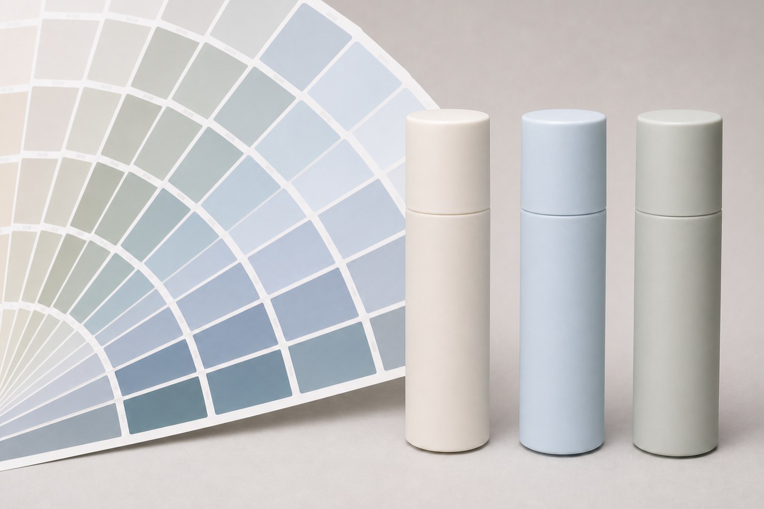 Color fan deck beside cosmetic bottles in cream, pale blue and sage