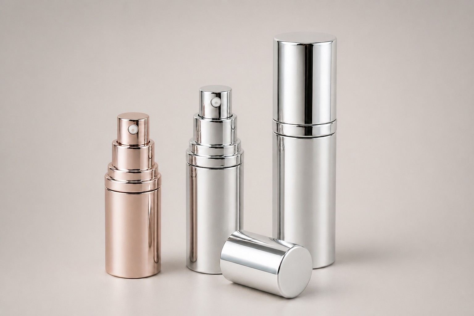 Airless bottles and a loose overcap with metallized surfaces in rose gold and chrome