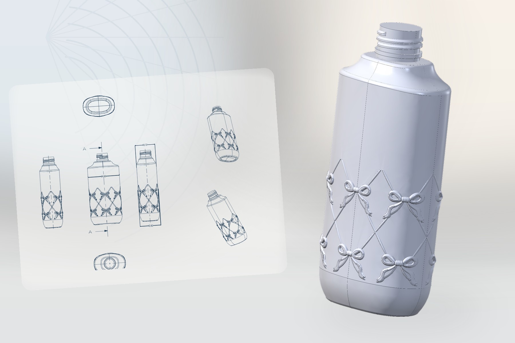 Technical drawing of a bottle shown beside the molded bottle it produces