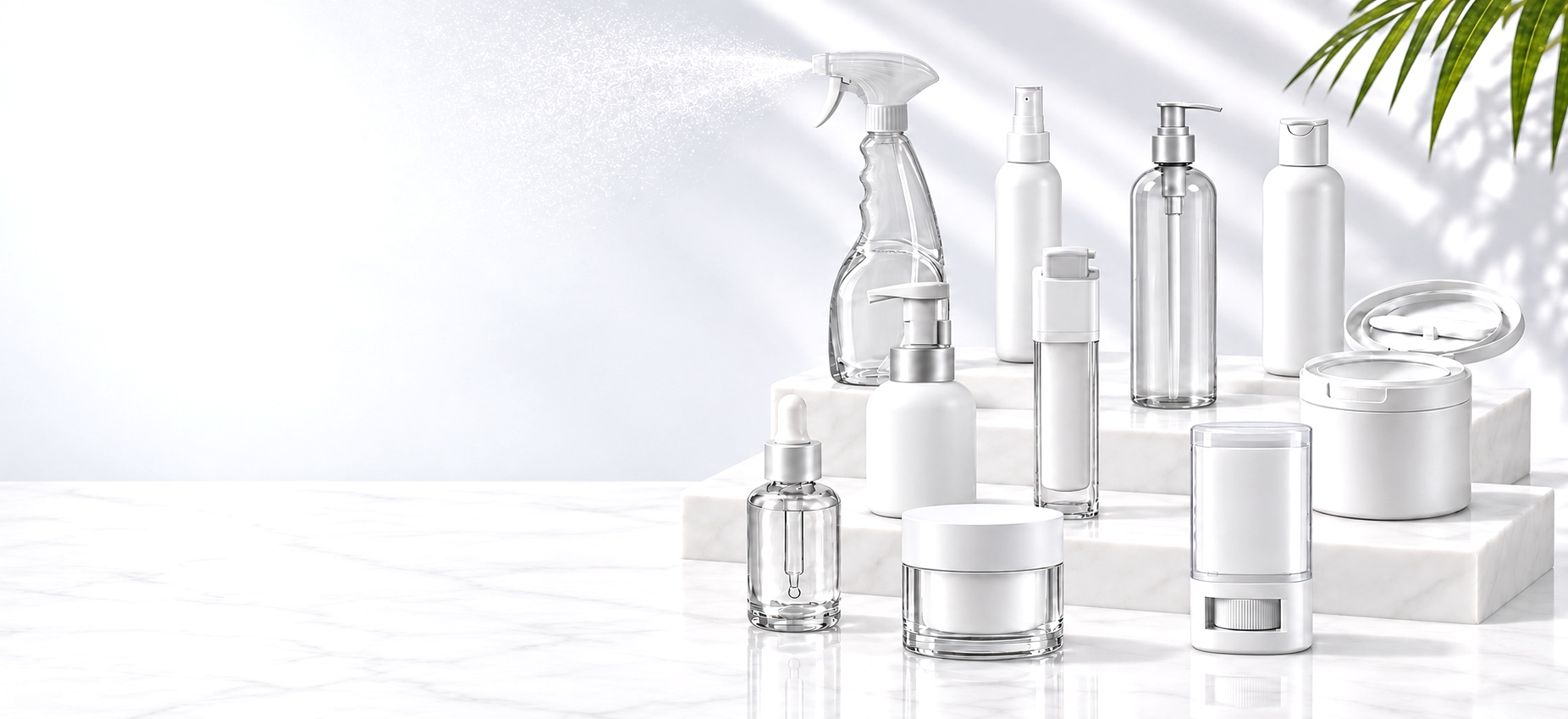Cosmetic packaging on a white marble surface: pumps, sprayers, an airless bottle, a dropper and jars