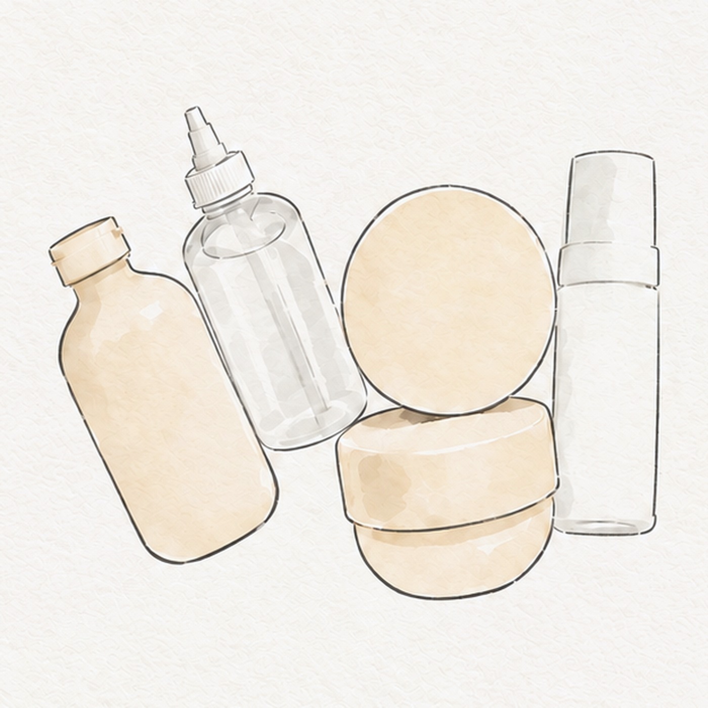 Top-down watercolor illustration of a cream bottle, a clear bottle with a pointed cap, two cream jars and a tall white bottle
