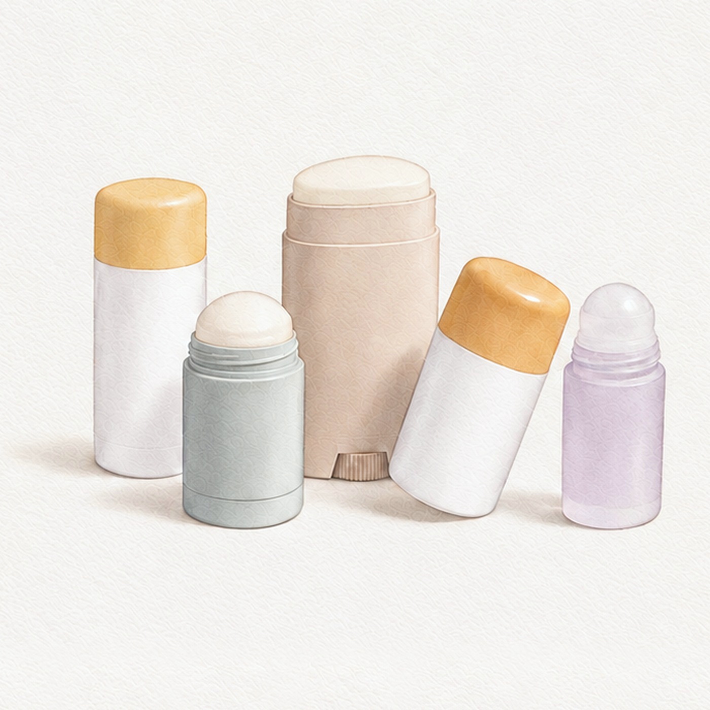 Illustration of deodorant sticks in white, sage and beige with honey-yellow caps, and a lilac roll-on bottle