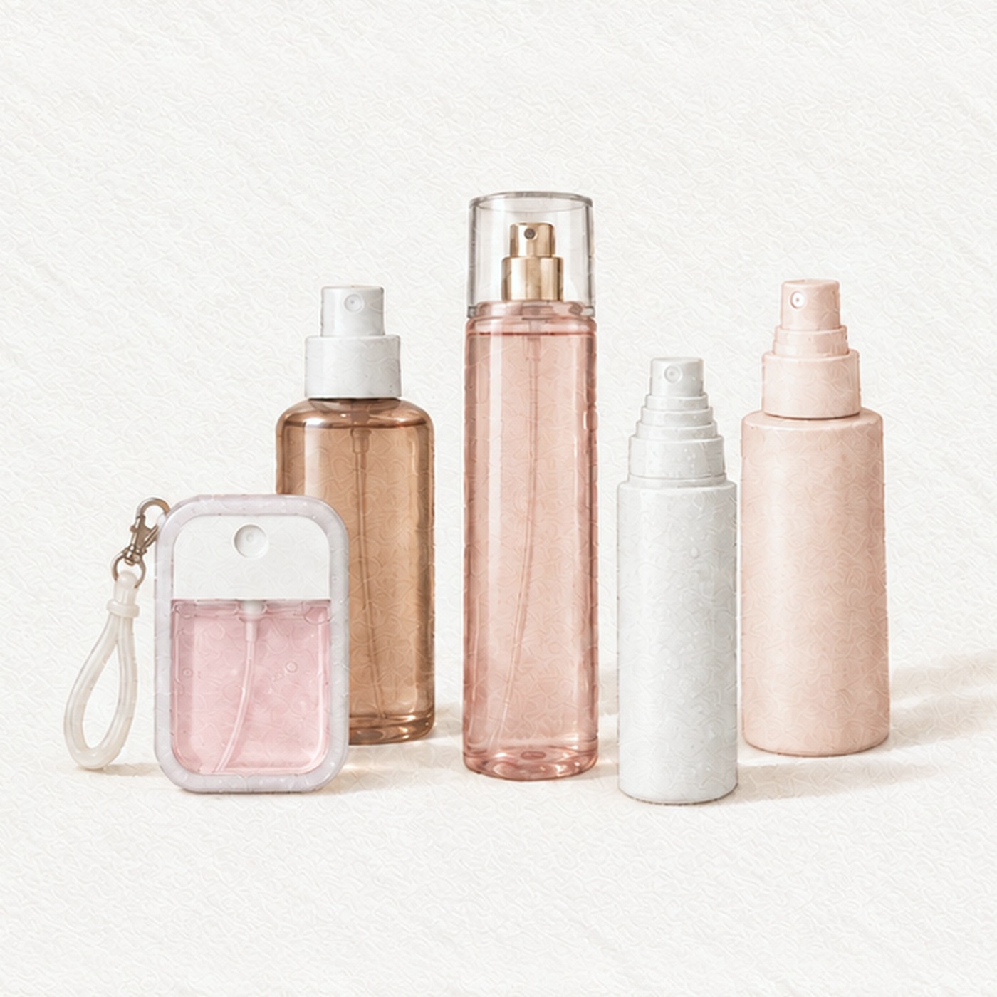 Illustration of fine mist spray bottles in blush, amber and white, with a pocket card sprayer on a key clip