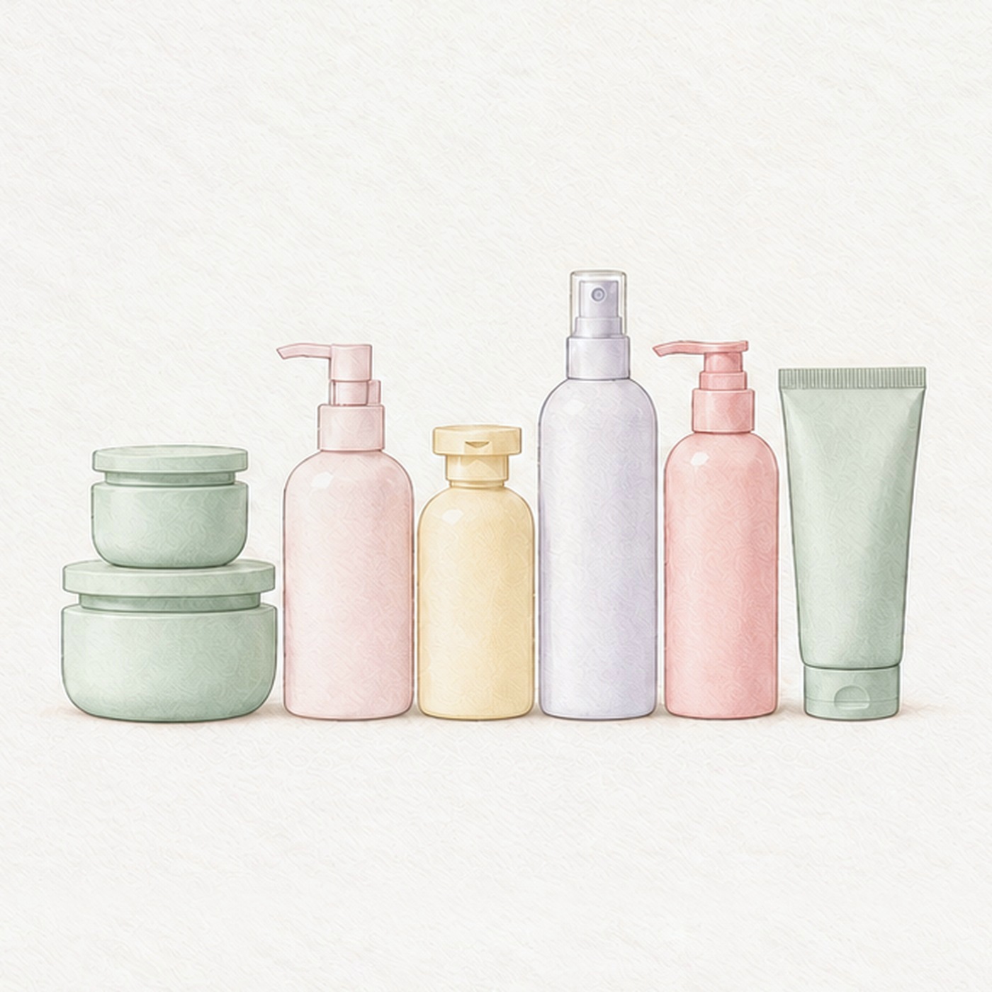 Illustration of pastel jars, pump bottles, a flip-top bottle, a spray bottle and a tube in a row