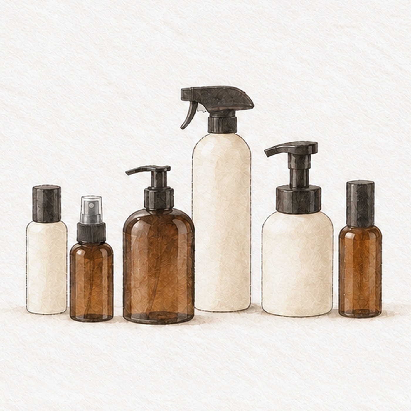 Illustration of cream and amber bottles with a trigger sprayer, lotion and foam pumps and screw caps