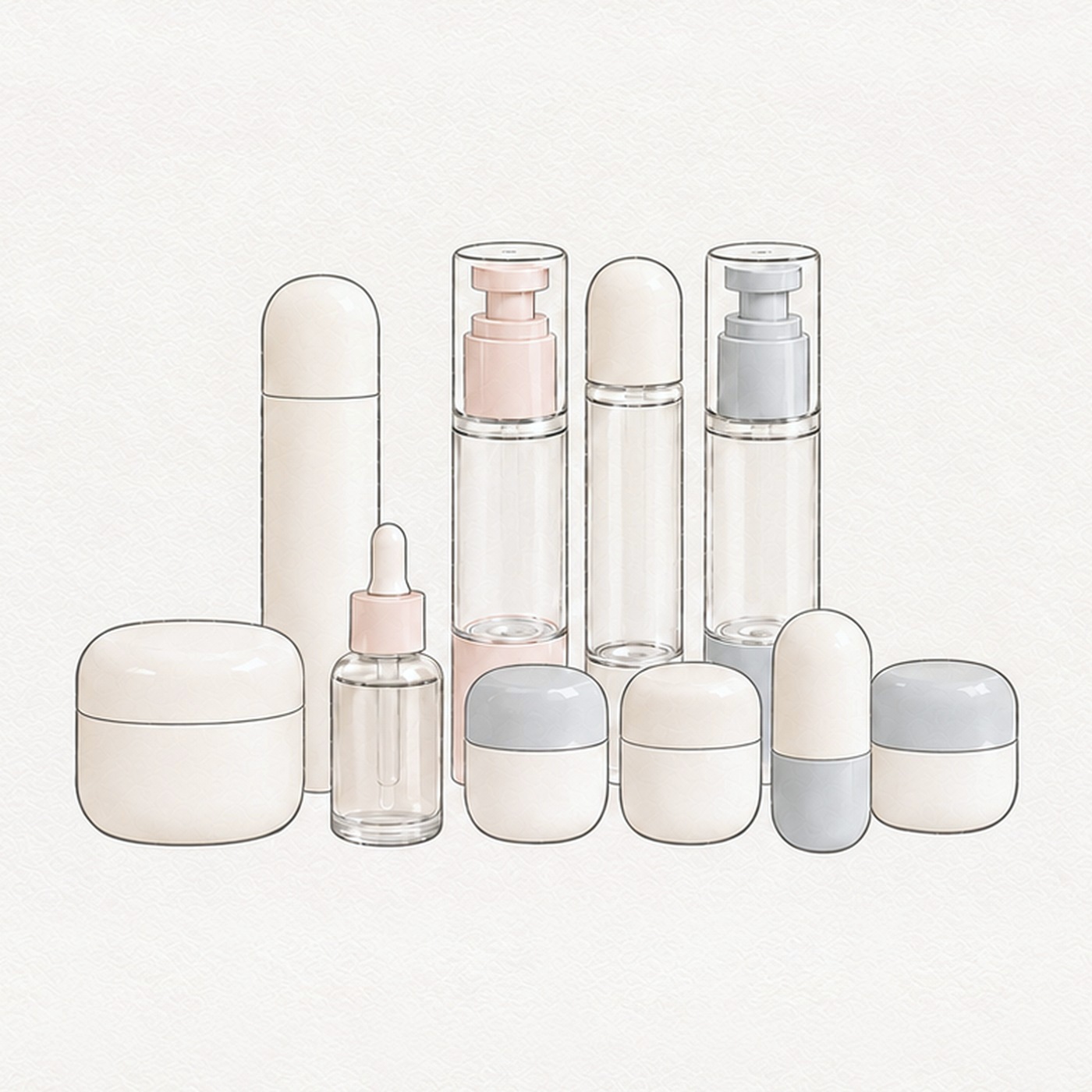 Illustration of airless bottles, a dropper bottle and cream jars in soft cream, grey and pink