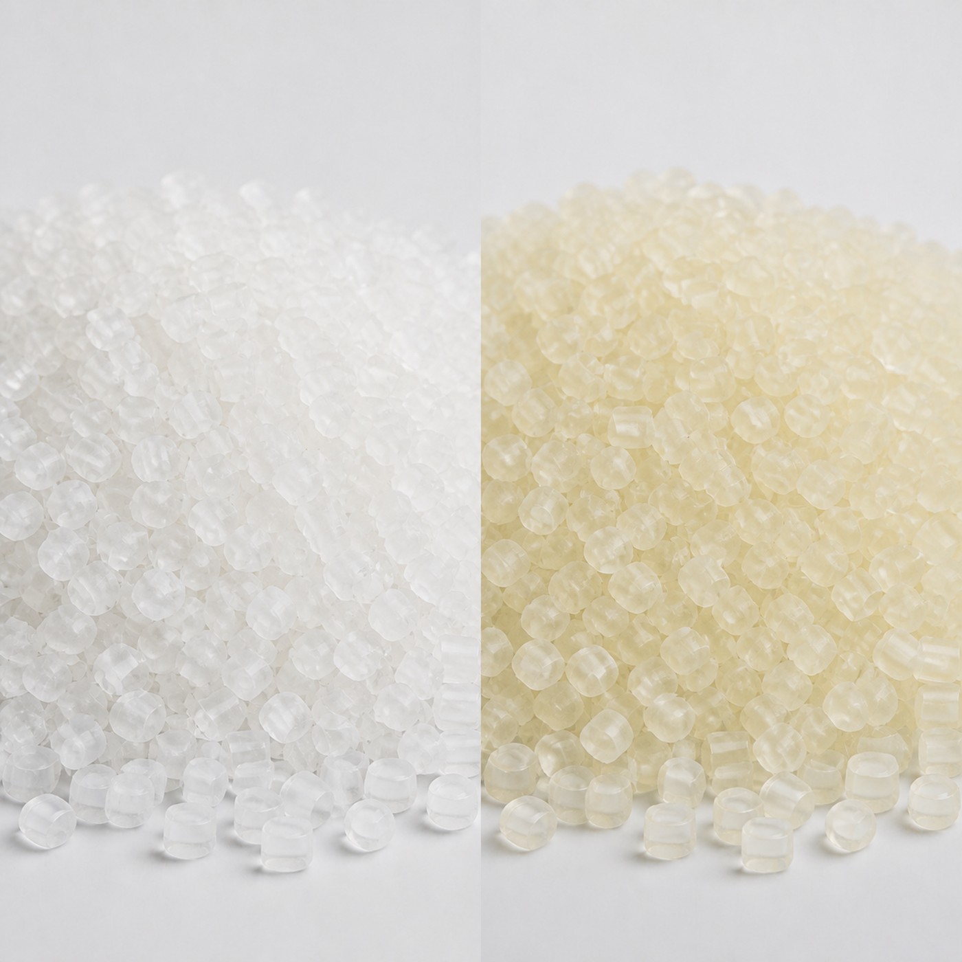 Virgin PP resin pellets next to PCR resin pellets, showing the difference in base colour